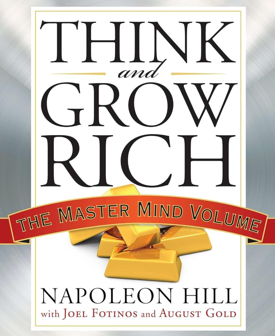 A book cover with gold bars and the words " think and grow rich."